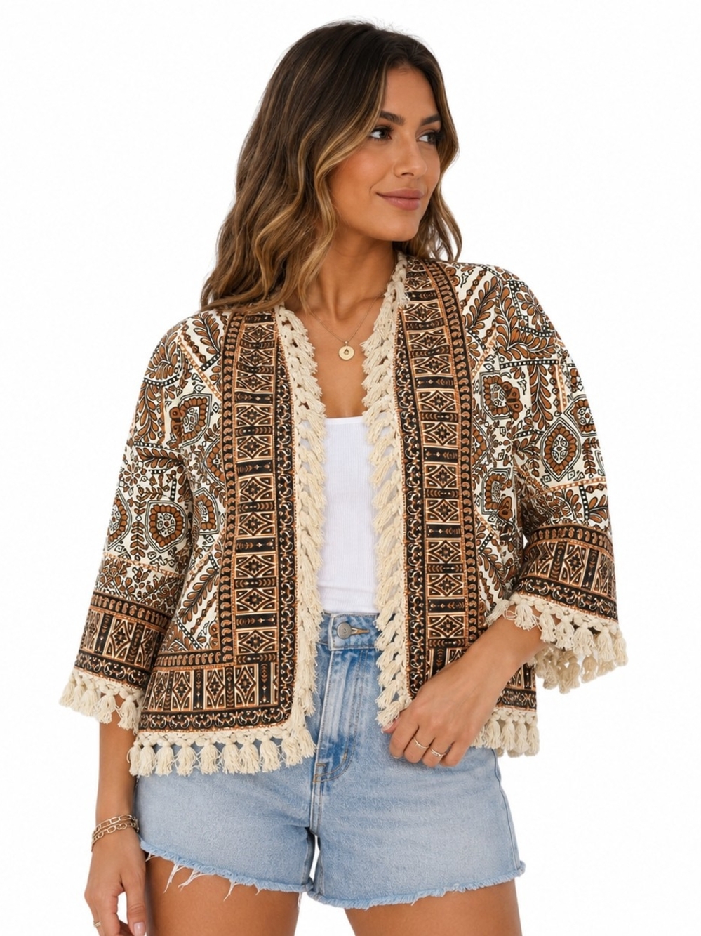 Billabong Brown and Cream Boho Tassel Knit Cardigan